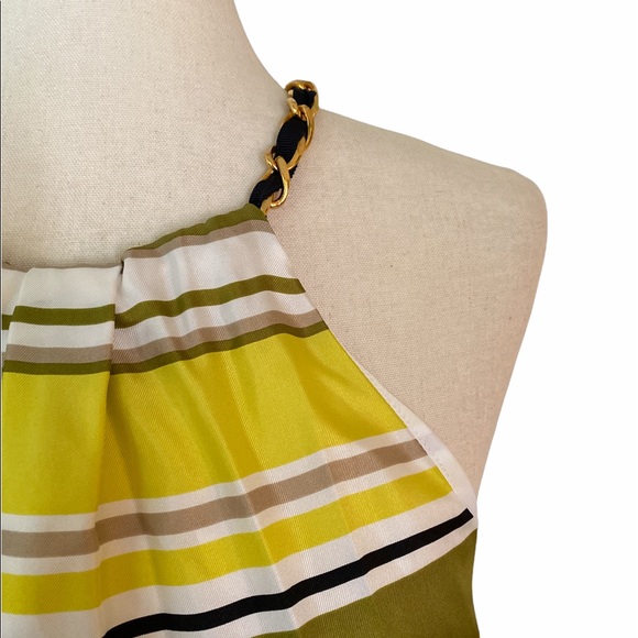 Milly Silk Striped Olive Green Yellow Black Halter Tank Top w/ Gold Chain - 4 - Picture 4 of 12